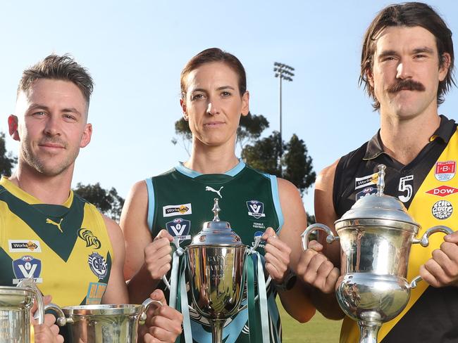 Jarrod Love of Inverleigh, Marcus Thompson of Leopold, Danielle Sgarbi of Geelong Amateur and Ben McNamara of Torquay. Premiership skippers from Leopold, Inverleigh, Torquay and Geelong Amateur ready for the next season. Picture: Alan Barber.