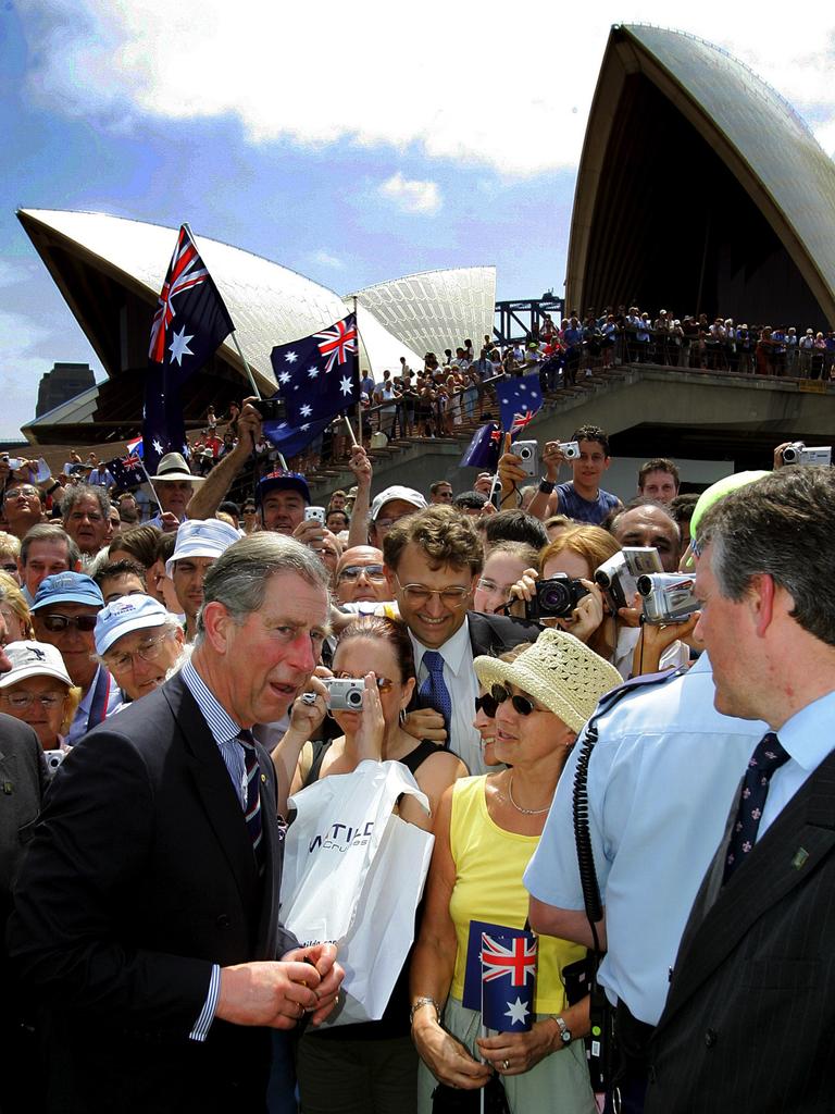 Charles chats with members of the public outside the Opera House towards the end of his 2005 tour.