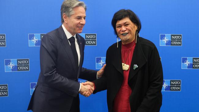 Nanaia Mahuta shakes hands with Antony Blinken during the North Atlantic Council (NAC) Ministers of Foreign Affairs meeting at the NATO headquarters in Brussels. Picture: AFP.