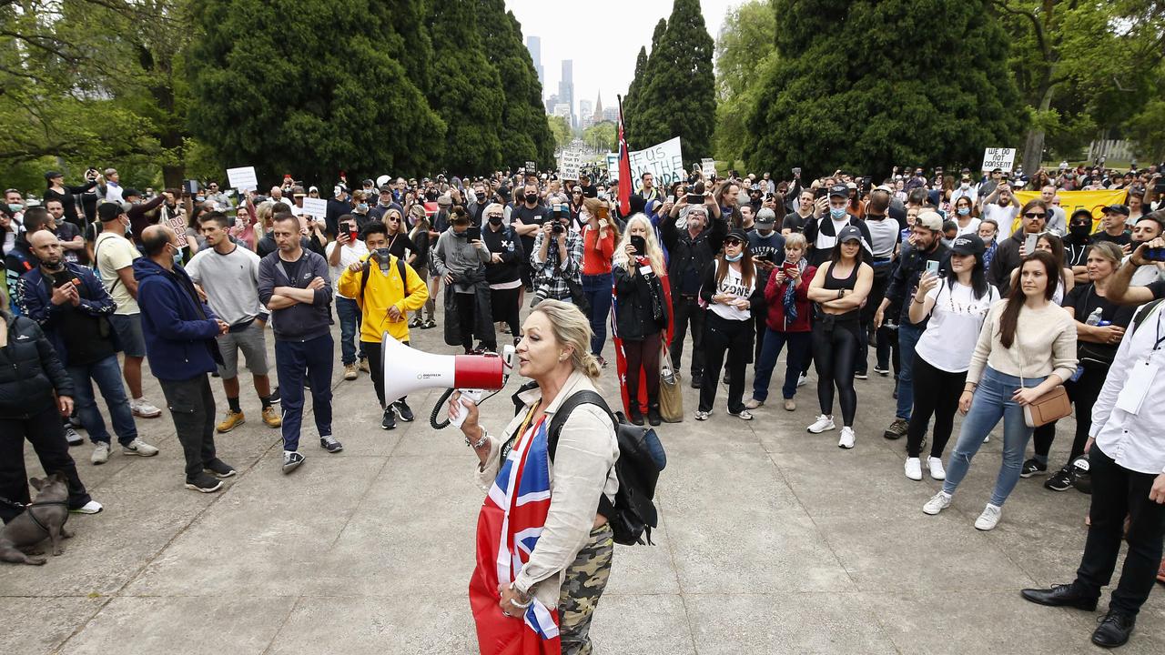 Organisers say 2000 people attended a protest at the Shrine of Remembrance in Melbourne on Friday. Picture: NCA NewsWire / Daniel Pockett