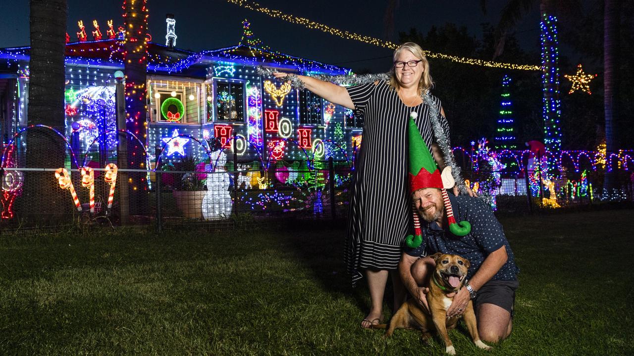 The Christmas lights display of Leanne and Peter Cook, and their dog Charlie, of Newtown, Saturday, December 18, 2021. Picture: Kevin Farmer