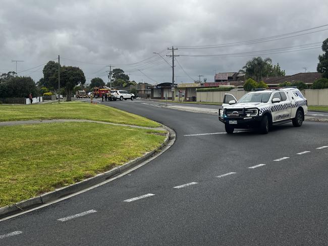 Police closed off Hazelwood Rd to traffic on Tuesday morning due to the shop fire. Picture: Jack Colantuono