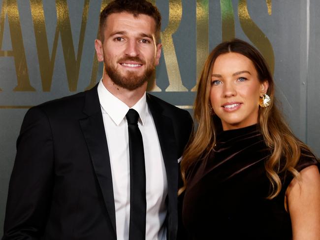 MELBOURNE, AUSTRALIA - AUGUST 30: Marcus Bontempelli of the Bulldogs and guest Neila Brenning pose during the 2023 AFL Awards at Centrepiece on August 30, 2023 in Melbourne, Australia. (Photo by Daniel Pockett/AFL Photos via Getty Images)