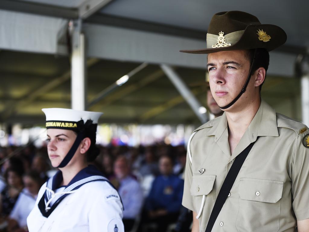 Soldiers stand to attention during the 77th Anniversary of the Bombing of Darwin on Tuesday, February 19, 2019. Picture: KERI MEGELUS