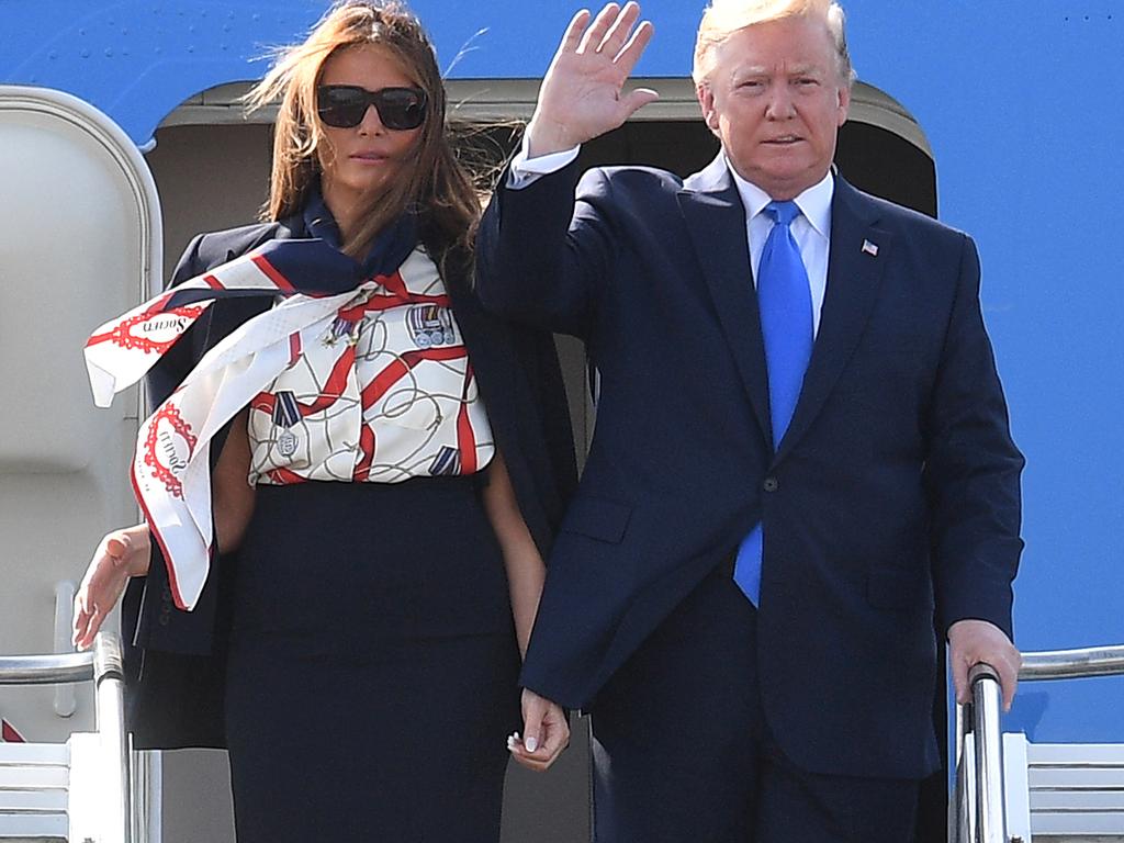 Donald Trump and first lady Melania Trump arrive at Stansted Airport after the US President stirred up anger with his comments on Brexit and Meghan Markle. Picture: Leon Neal/Getty Image