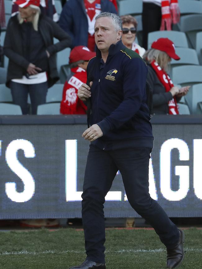 Eagles coach Michael Godden leaves Adelaide Oval after Sunday’s loss. Picture: Sarah Reed