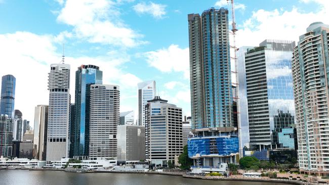 Aerial view of the Brisbane city skyline and inner city CBD, viewed from the Brisbane River. Picture: Brendan Radke