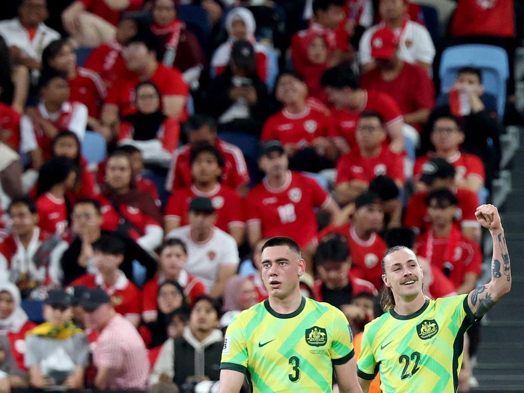 Jackson Irvine celebrates in front of strong Indonesian support in the crowd. Picture: AFP