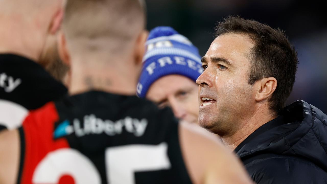 MELBOURNE, AUSTRALIA - JUNE 09: Brad Scott, Senior Coach of the Bombers addresses his players during the 2024 AFL Round 13 match between the Essendon Bombers and the Carlton Blues at The Melbourne Cricket Ground on June 09, 2024 in Melbourne, Australia. (Photo by Michael Willson/AFL Photos via Getty Images)