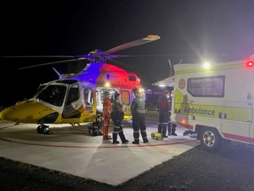 The RACQ Capricorn Rescue flew a man in his 20s involved in a single-vehicle rollover on the Bruce Highway at Ogmore, north of Rockhampton. Picture: RACQ Capricorn Rescue