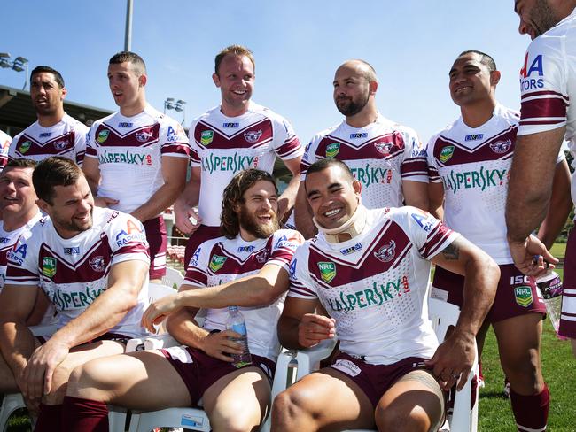 Fa'aoso in a neck brace during the Manly Sea Eagles media day before the 2013 NRL Grand Final. Pic Brett Costello