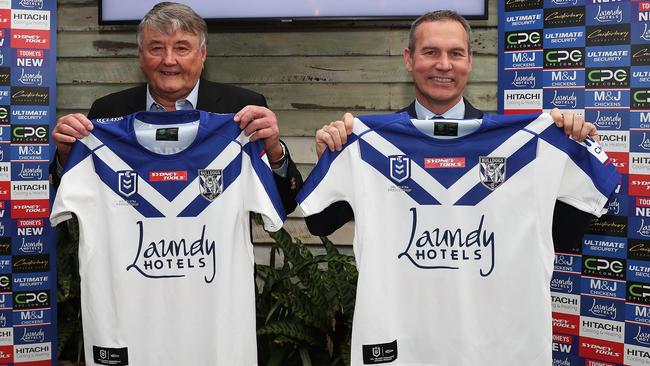 Arthur Laundy with former Bulldogs chief executive Andrew Hill. Picture: Brett Costello