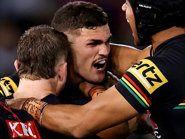 NEWCASTLE, AUSTRALIA - APRIL 15:Nathan Cleary of the Panthers celebrates with team mates after kicking the winning field goal in golden point during the round seven NRL match between Newcastle Knights and Penrith Panthers at McDonald Jones Stadium on April 15, 2023 in Newcastle, Australia. (Photo by Brendon Thorne/Getty Images)