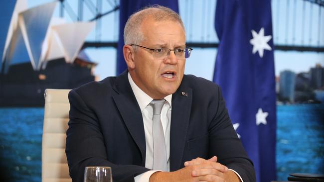 Prime Minister Scott Morrison addresses the Biden climate summit from the Sydney Commonwealth Parliament Offices. Picture: NCA NewsWire / Christian Gilles