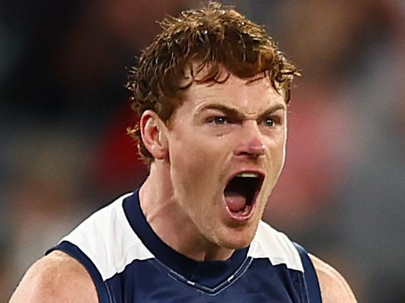 MELBOURNE, AUSTRALIA - JUNE 29: Gary Rohan of the Cats celebrates kicking a goal during the round 16 AFL match between Geelong Cats and Essendon Bombers at Melbourne Cricket Ground on June 29, 2024 in Melbourne, Australia. (Photo by Graham Denholm/Getty Images)