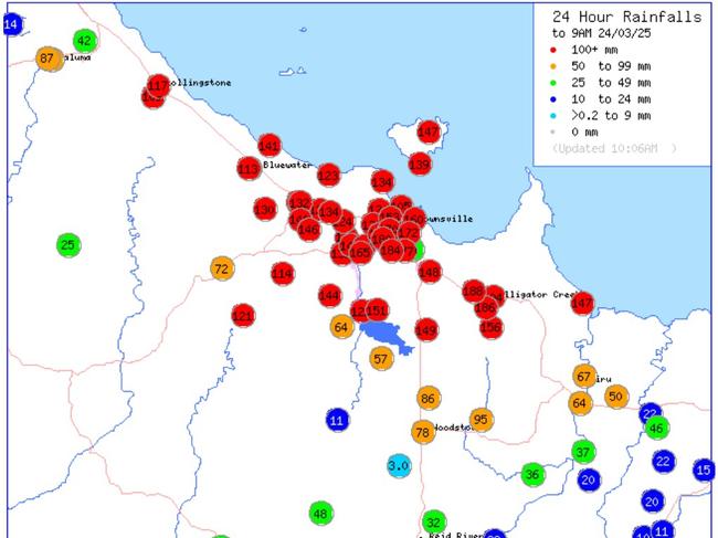 24hr rainfall totals for the Townsville region up until 9am Monday. Picture: BOM.