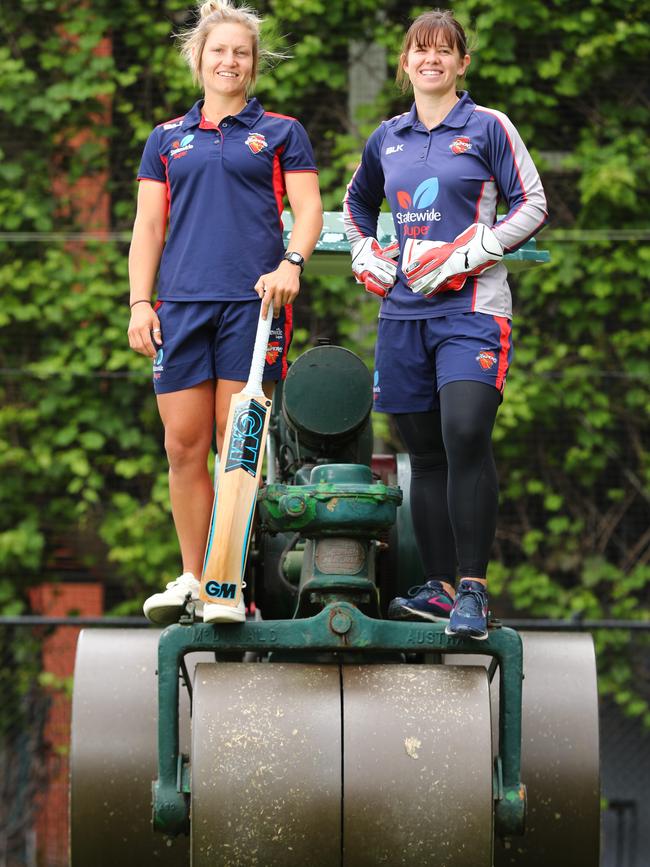 Scorpions Bridget Patterson and Tegan McPharlin are looking forward to seeing where their cricket skills can take them now they’ve been able to quit work. Picture: Tait Schmaal