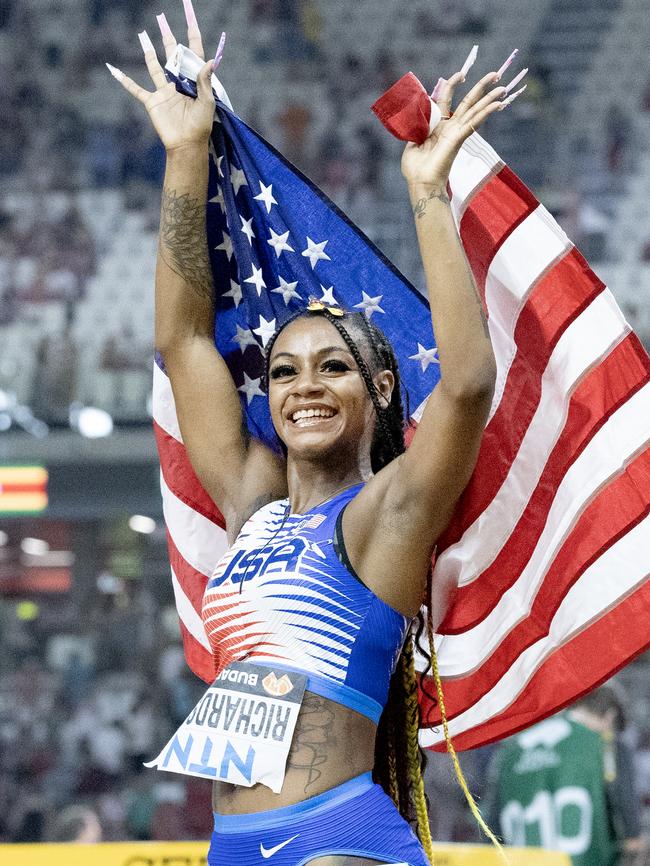 Sha'Carri Richardson celebrates her team's gold medal win in the Women's 4x100m relay at the 2023 World Championships. Picture: Tim Clayton/Corbis via Getty Images