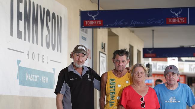 Residents of Botany’s Tennyson Hotel Keith Christie, Gary Coleman, Marilyn Thompson and Gary Cossey have been asked to move out by January 28 after Justin Hemmes' Merivale Group bought the hotel. Picture: Danny Aarons.