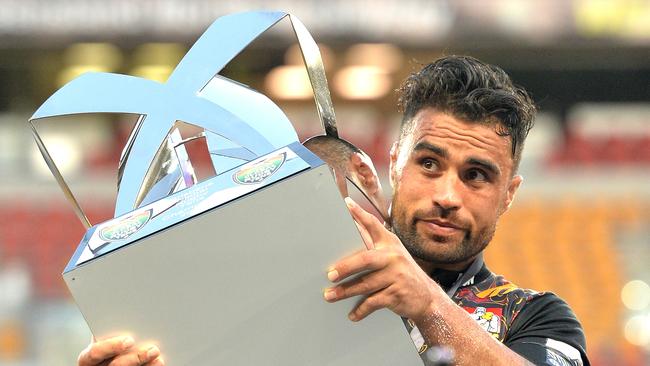 Liam Messam of the Chiefs holds the winners trophy.
