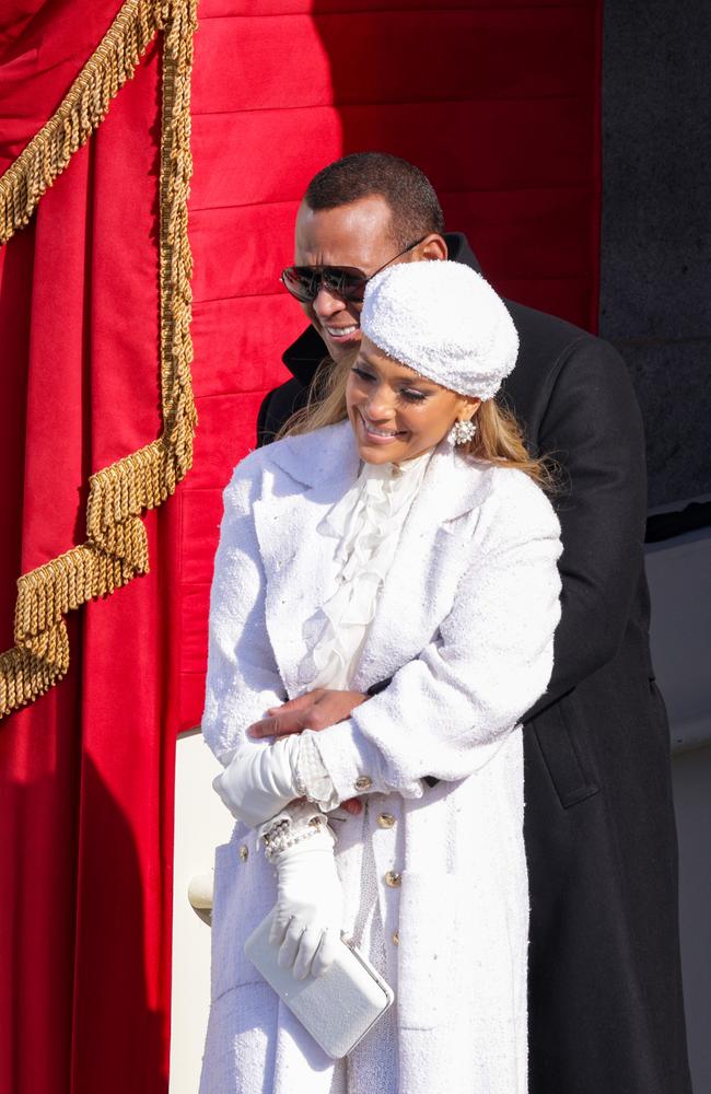 Jennifer Lopez, her beret and fiance, former New York Yankee Alex Rodriguez. Picture: Getty Images