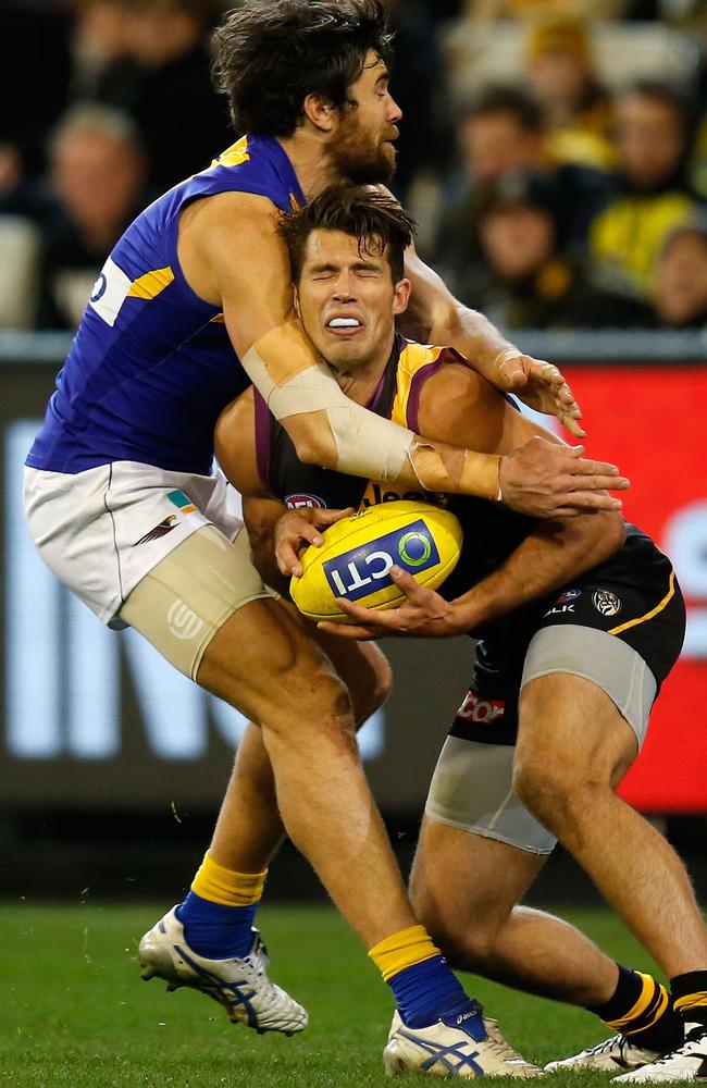 Alex Rance draws a high tackle free kick against Josh Kennedy.