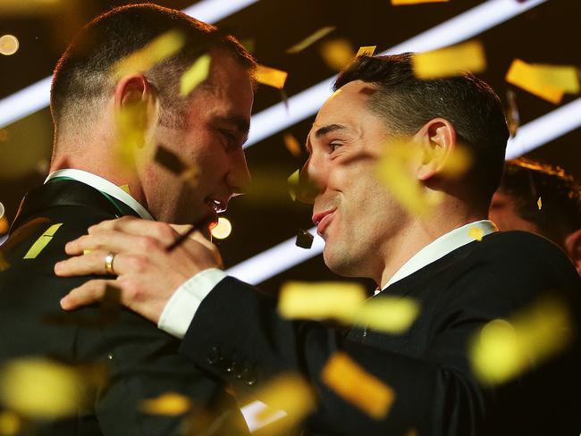 Cameron Smith winner of the 2017 Dally M Award is congratulated by Billy Slater during the 2017 Dally M Awards at The Star, Sydney. Picture: Brett Costello