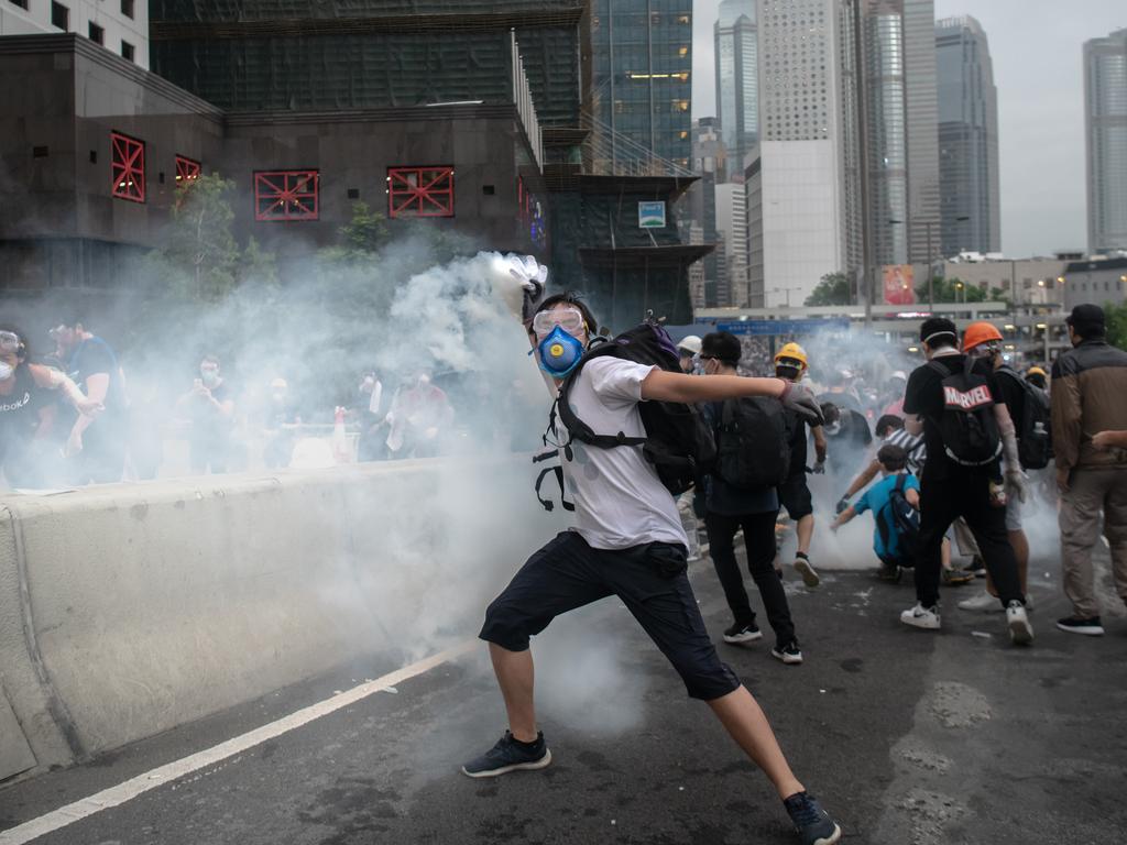 A protester gives as good as he gets. Picture: Billy H.C. Kwok/Getty Images