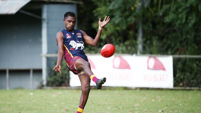 Lions' Joshrayahn Tilmouth kicks a goal. Picture: Brendan Radke