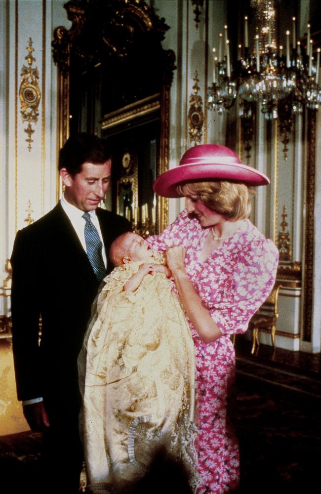 Diana, Princess of Wales, holds baby Prince William as Prince Charles looks on. Picture: Anwar Hussein/WireImage