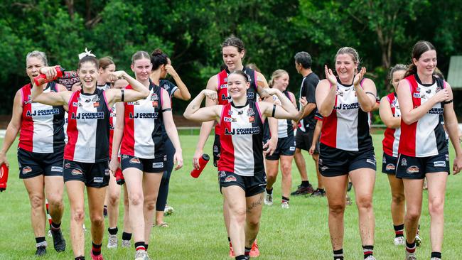 The Southern Districts women celebrate their win over the Darwin Buffettes in Round 13 of the 2023-24 NTFL season. Picture: Celina Whan / AFLNT Media