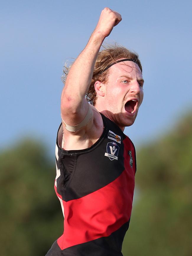 Irrewarra-Beac’s Mitchell Thornton celebrates a goal against South Colac. Pictures: Yuri Kouzmin