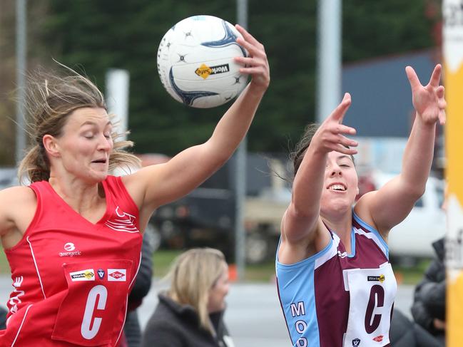 A Grade Netball BFL: Modewarre v Ocean grove.Ocean grove centre Georgia Ryan and Modewarre centre Briely Wight . Picture: Mark Wilson