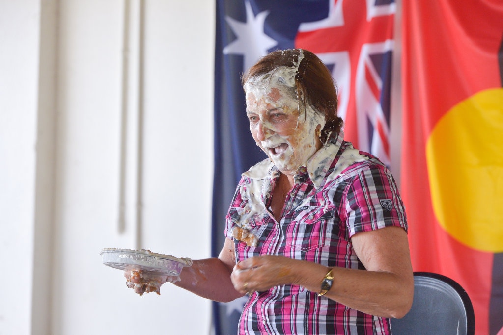 Principal Pauline PorchPIE IN THE FACE - Mt Larcom State School raises money for drought relief. Picture: Mike Richards GLA140918PIEF