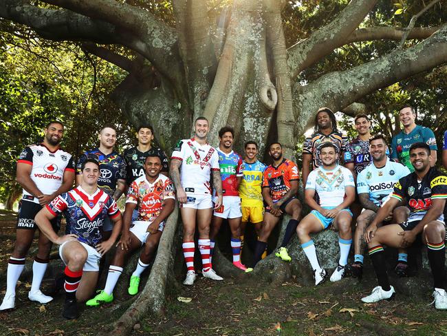 In 2017, players from every NRL club will wear an Indigenous inspired jersey during Indigenous Round, for the first time in the history of the Round. Players wear their jerseys at Rugby League Central, Sydney. Picture: Brett Costello