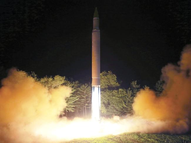 A Hwasong-14 intercontinental ballistic missile is launched at an undisclosed location in North Korea in July. Picture: Korean Central News Agency/Korea News Service via AP