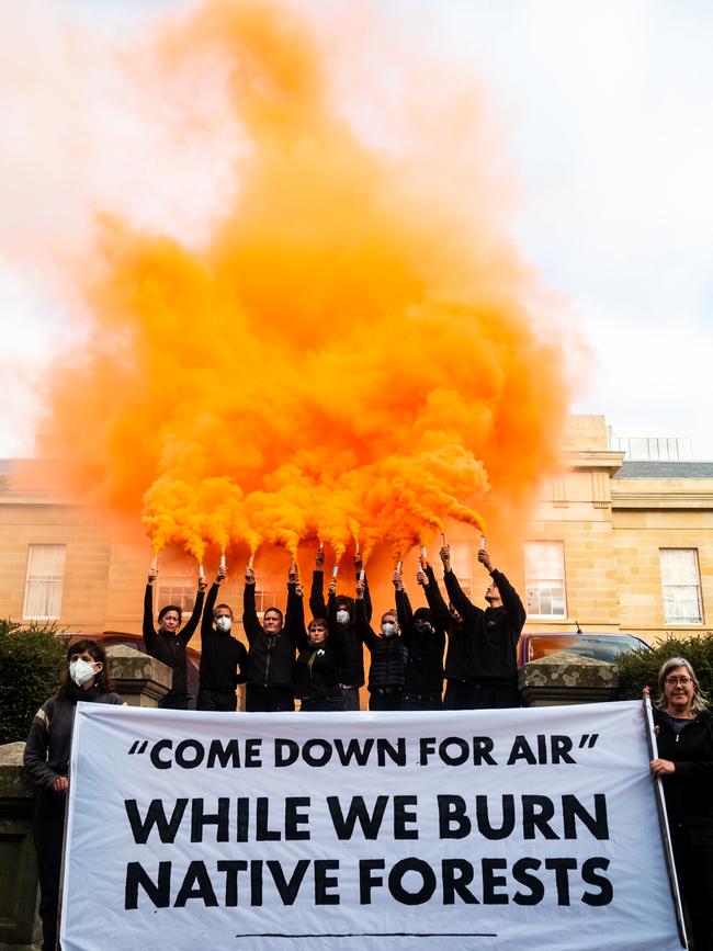 Burn Off Action by Bob Brown Foundation at Tasmanian Parliament. Picture: Bob Brown Foundation