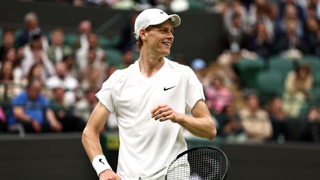 LONDON, ENGLAND - JULY 07: Jannik Sinner of Italy celebrates a point against Ben Shelton of United States in his Gentleman's Singles fourth round match during day seven of The Championships Wimbledon 2024 at All England Lawn Tennis and Croquet Club on July 07, 2024 in London, England. (Photo by Francois Nel/Getty Images)