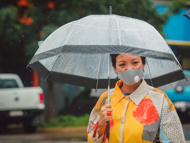 Wet weather in Darwin CBD as Darwin goes on cyclone watch. Picture: Glenn Campbell