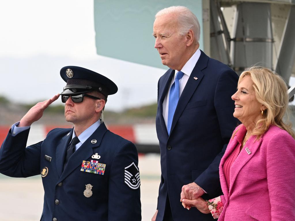 US President Joe Biden and First Lady Jill Biden disembark from Air Force One upon arrival at Los Angeles International Airport. Picture: AFP