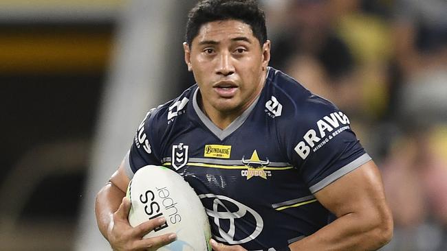 TOWNSVILLE, AUSTRALIA - MAY 20: Jason Taumalolo of the Cowboys runs the ball during the round 11 NRL match between the North Queensland Cowboys and the Newcastle Knights at QCB Stadium, on May 20, 2021, in Townsville, Australia. (Photo by Ian Hitchcock/Getty Images)