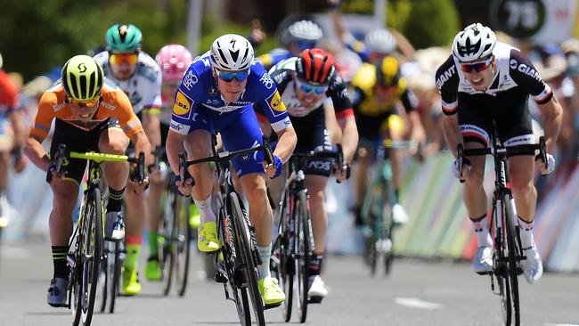 Elia Viviani of Italy and Quick-Step Floors sprints to the finish line to win stage three of the 2018 Tour Down Under. He borrowed a track bike from Stuart O’Grady and hit the boards to get some speed into his legs. Picture: Daniel Kalisz/Getty Images