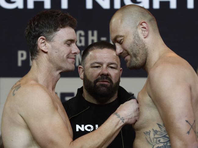 Cam Mooney (L) and Tom Bellchambers (R) face off ahead of their heavyweight clash in Melbourne on Wednesday night. Picture: Darrian Traynor/Getty Images