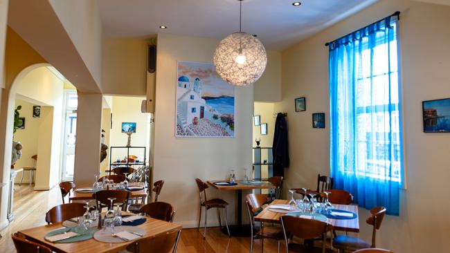 The fresh Greek-inspired interior at Filoxenia in North Hobart. Picture: Linda Higginson