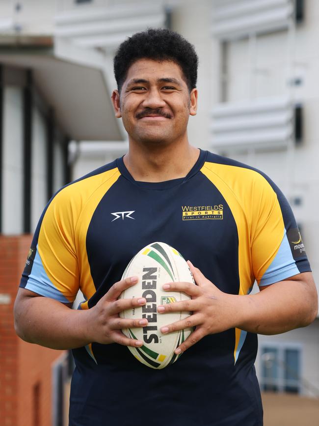 Ricardo Oloapu, 17, is one of the towering front rowers at the disposal of Westfields Sports High coach Troy Weeden. Picture: David Swift