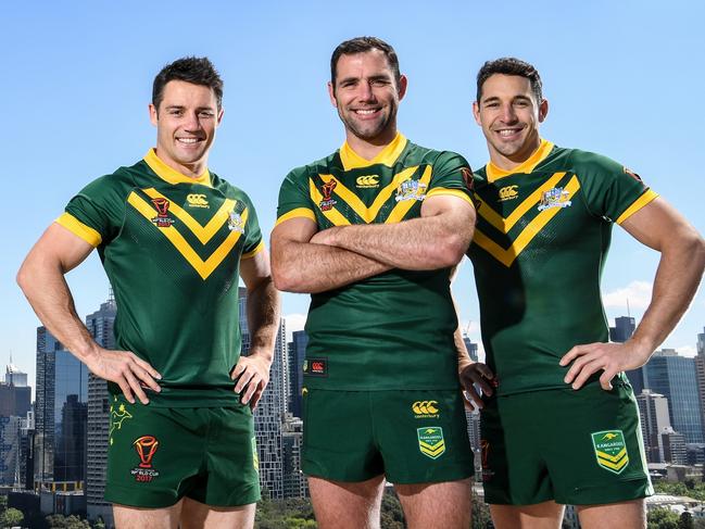 Cooper Cronk, Cameron Smith and Billy Slater in Melbourne on the eve of the World Cup opener. Credit NRL Photos