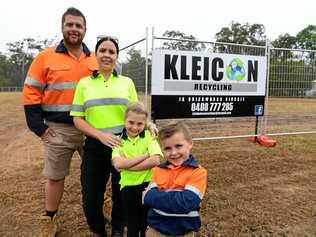 OPENING MONDAY: Dean, Kristie, Nevaeh and Dazarius Kleidon at the site of their new business, Kleicon Recycling. Picture: Mike Knott BUN070819KLE2