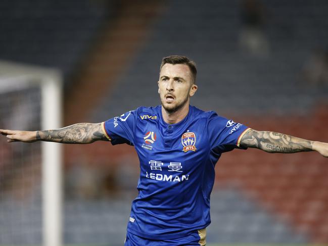 Roy O'Donovan of the Jets scores during the Round 19 A-League match between the Newcastle Jets and Melbourne City at McDonald Jones Stadium in Newcastle, Friday, February 15, 2019. (AAP Image/Darren Pateman) NO ARCHIVING, EDITORIAL USE ONLY