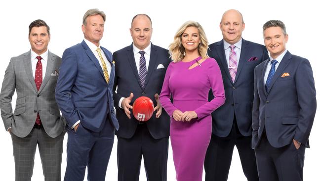 Craig Hutchison (centre) and The Footy Show line-up in 2017. Picture: Supplied