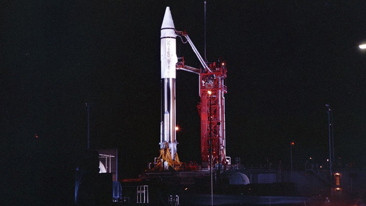 This Sept. 20, 1966 photo provided by the San Diego Air and Space Museum shows an Atlas Centaur 7 rocket on the launchpad at Cape Canaveral, Fla. NASA's leading asteroid expert, Paul Chodas, speculates that asteroid 2020 SO, as it is formally known, is actually a Centaur upper rocket stage that propelled NASA’s Surveyor 2 lander to the moon in 1966 before it was discarded. (Convair/General Dynamics Astronautics Atlas Negative Collection/San Diego Air and Space Museum via AP)